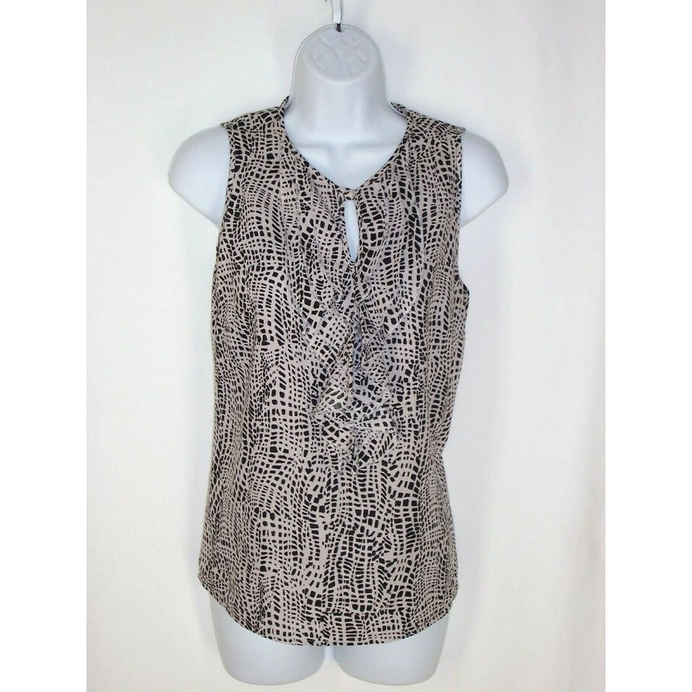 Elena Solano Top S Sleeveless Linen Blend Ruffle Black Gray